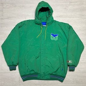 Vintage Starter Spell Out Jacket Hartford Whalers Hooded Parka NHL RARE Size XL